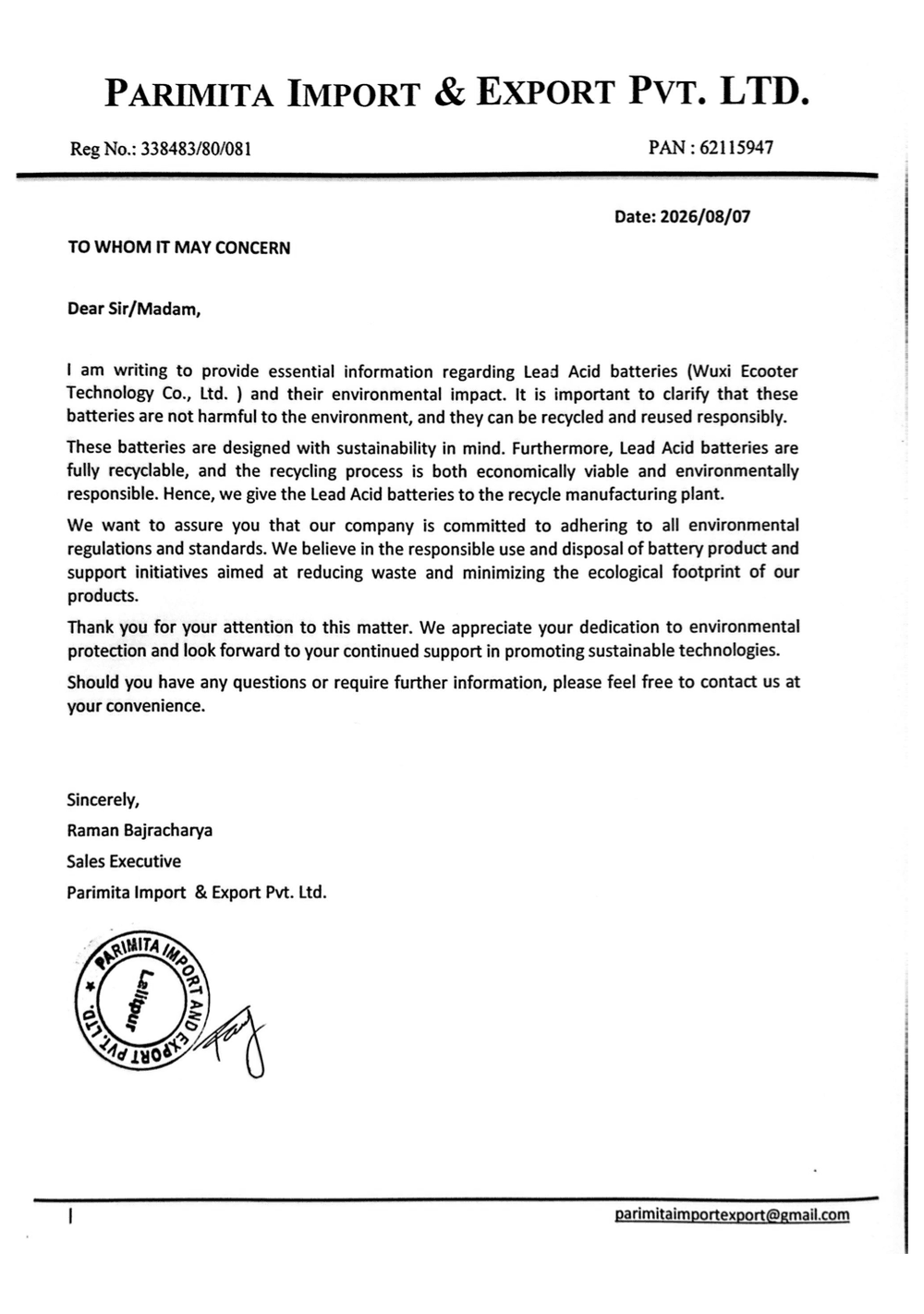 Battery disposal declaration letter for Dayang scooter batteries from Parimita Import & Export Pvt. Ltd.