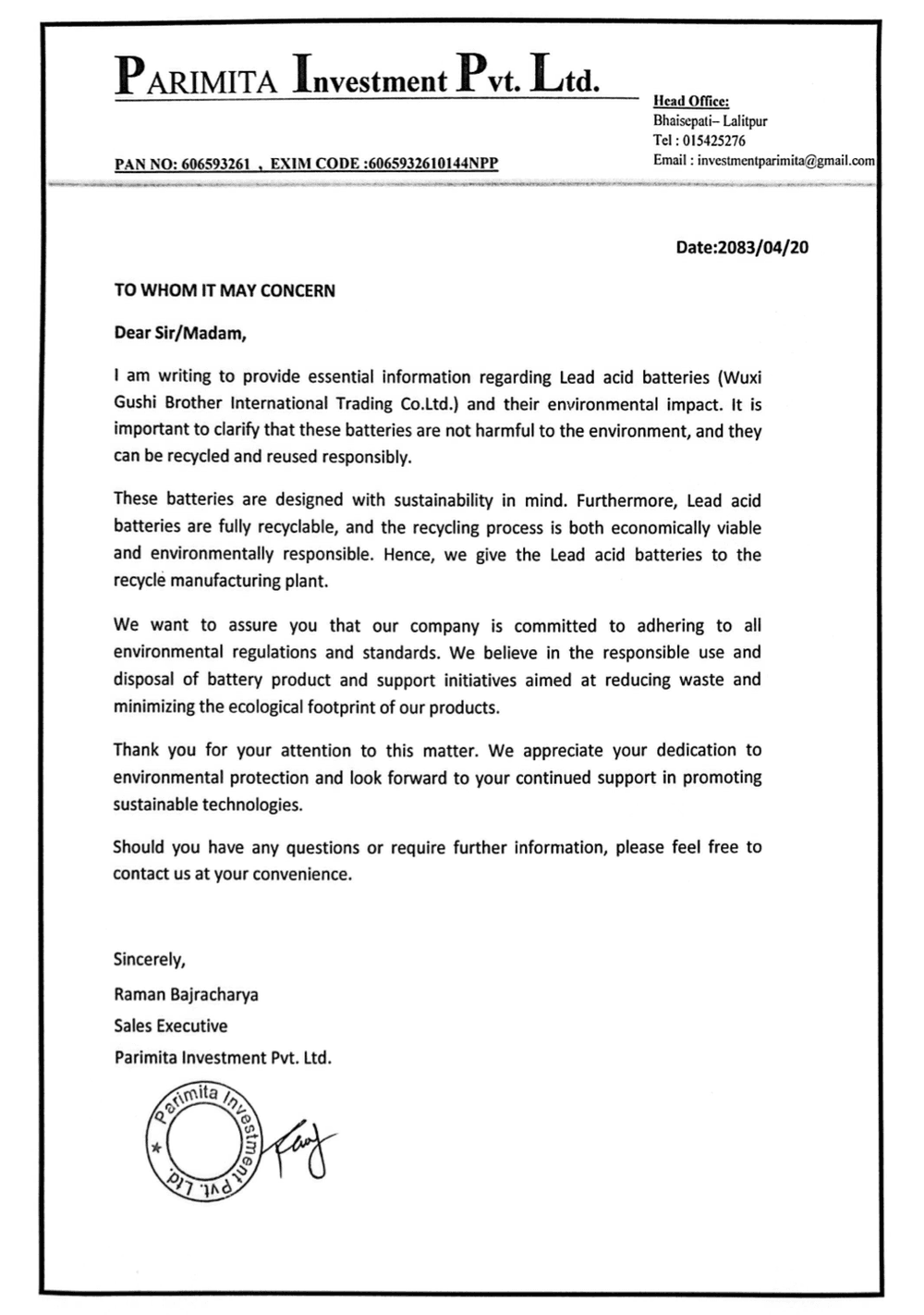 Battery disposal declaration letter for Sway electric scooter batteries from Parimita Investment Pvt. Ltd.