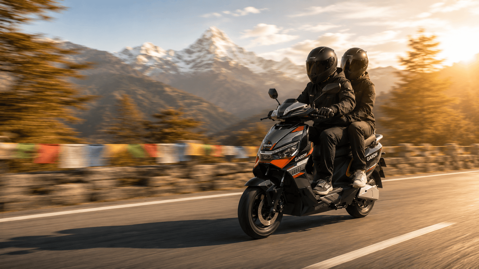 Garow electric scooter riding on a mountain road in Nepal